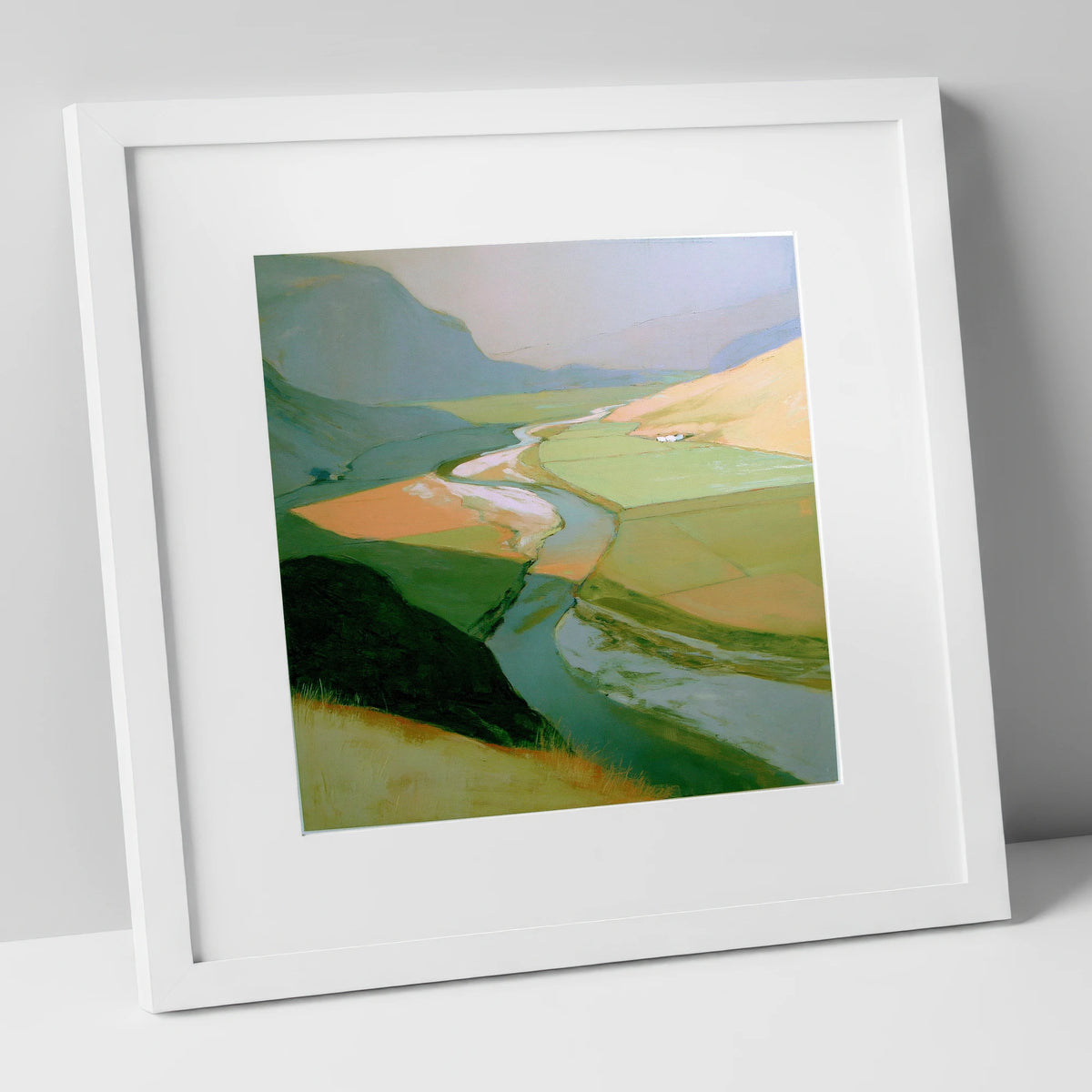 Winding River Through Sage Fells lake district waterfall art print in white frame