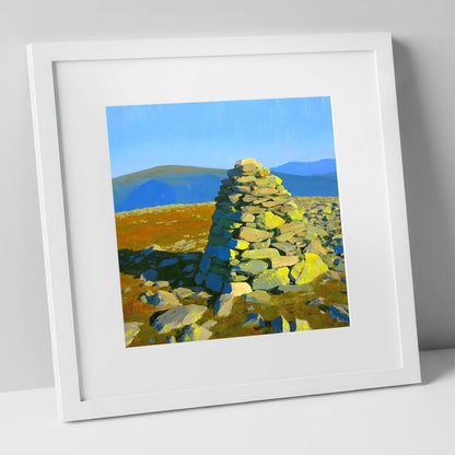 Sunlit Cairn on Brim Fell lake district fell art print in white frame