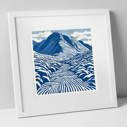 Bold Blue Great Gable lake district fell art print in white frame