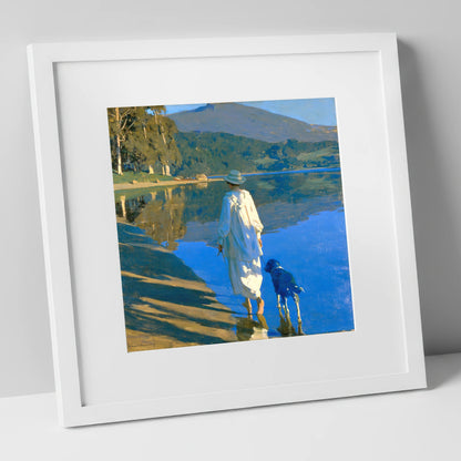Sunlit Dog Walk Coniston Water gifts for dog walkers art print in white frame