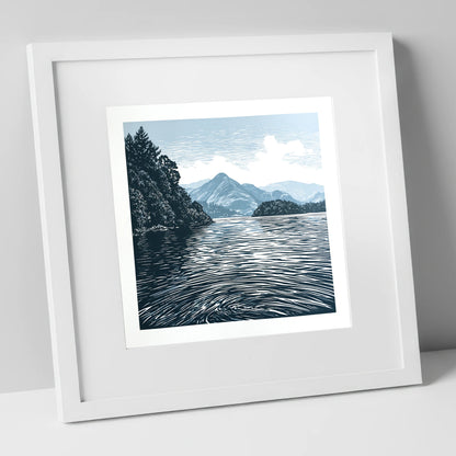 Derwentwater in Slate and Navy lake district lake art print in white frame