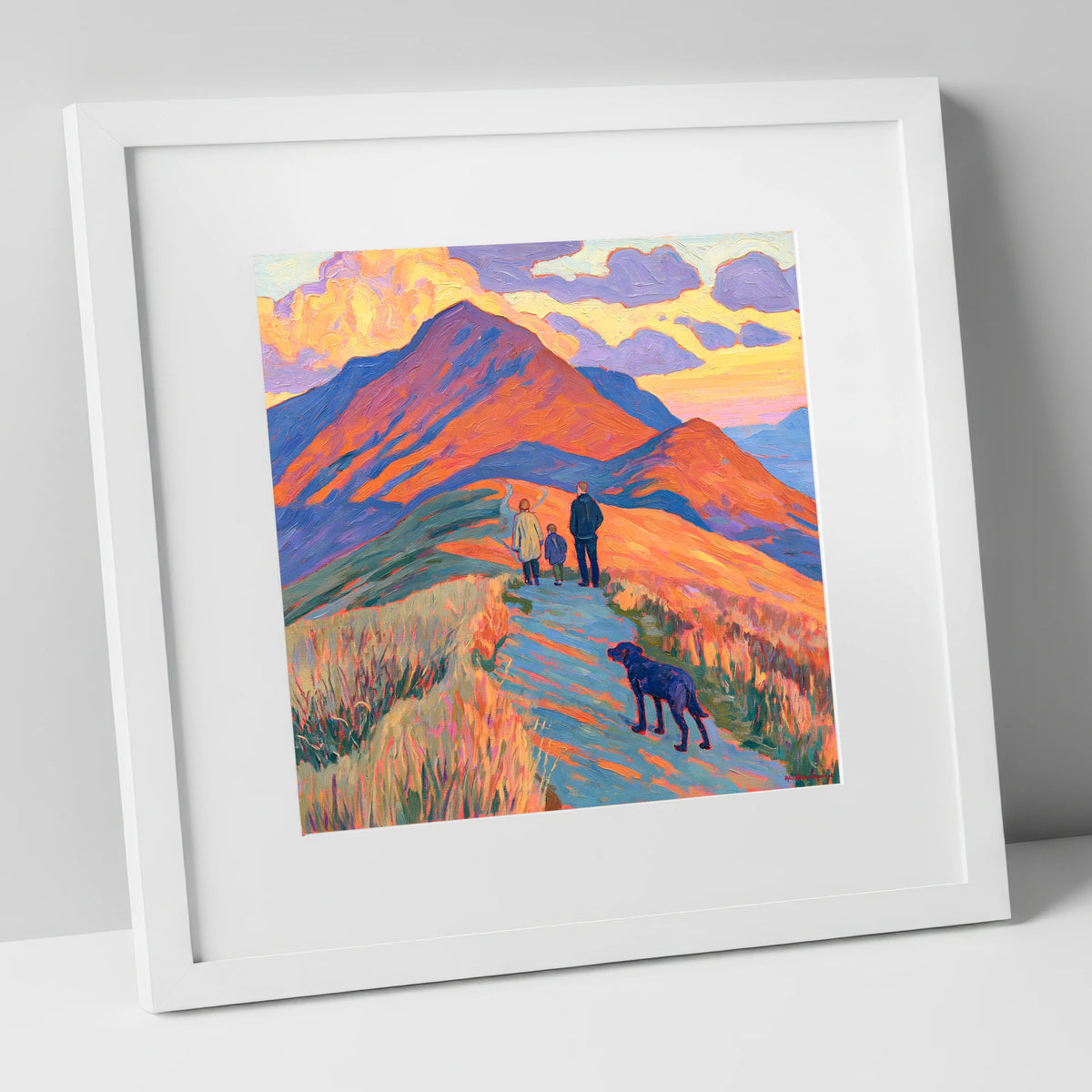 Colourful Cat Bells Dog Walk gifts for dog walkers art print in white frame