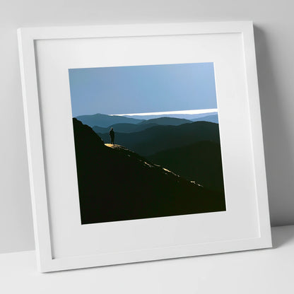 Summit View Across Blue Fells lake district fell art print in white frame