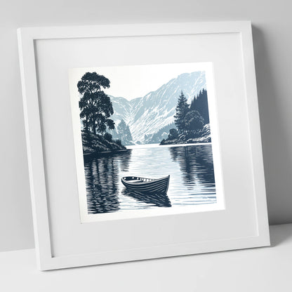 Rowing Boat at Blue Dawn lake district lake art print in white frame
