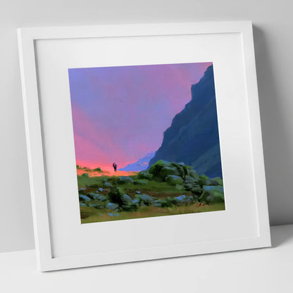 Fell Walker Beneath Vivid Skies lake district walking art print in white frame
