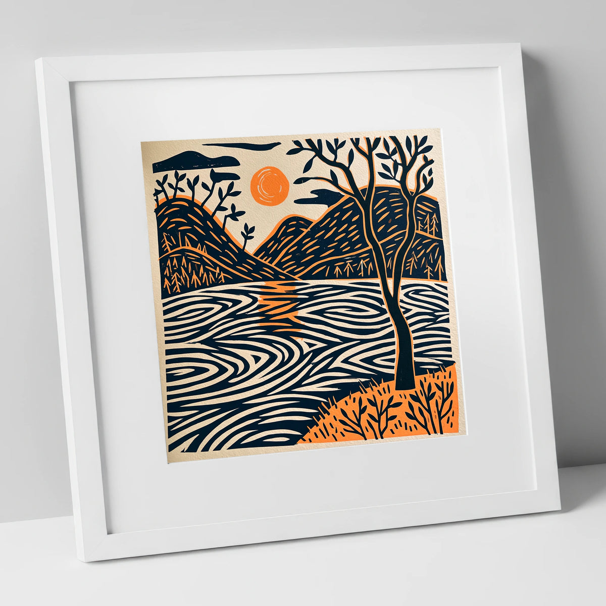 Dawn Lake in Terracotta and Navy lake district lake art print in white frame
