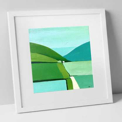Geometric Green Valley Between Fells lake district valley art print in white frame