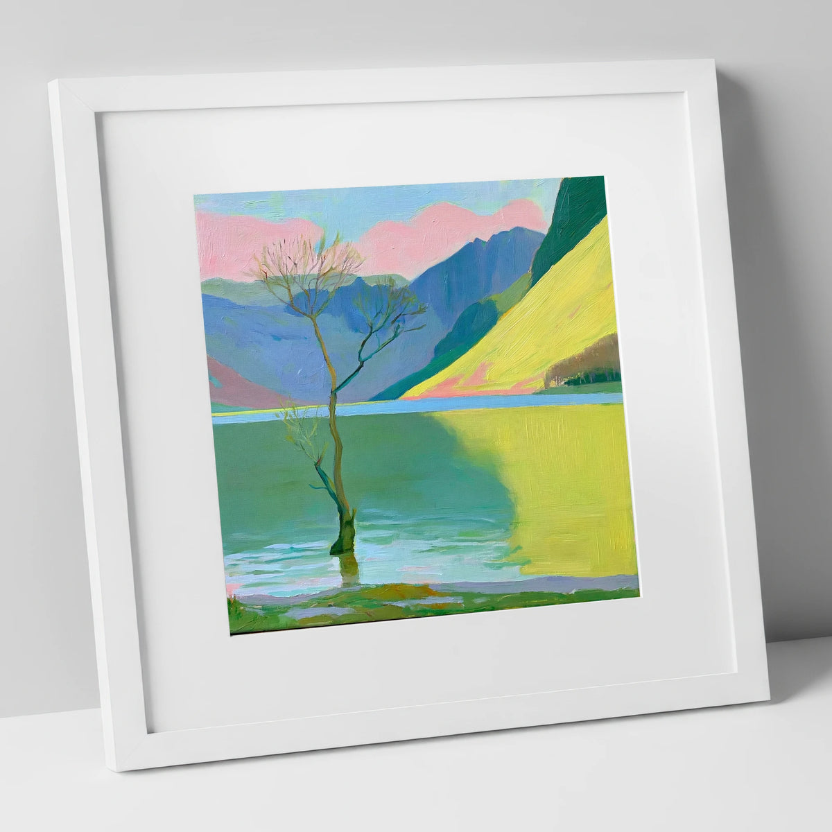 Buttermere Tree Under Pink Skies lake district lake art print in white frame