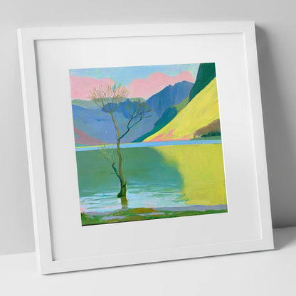 Buttermere Tree Under Pink Skies lake district lake art print in white frame