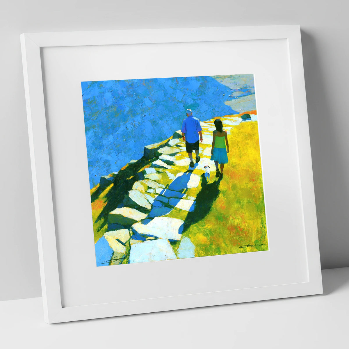 Summer Fell Walk with Blue Shadows lake district walking art print in white frame