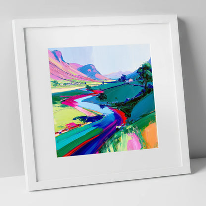 Vivid Winding River Through Fells lake district waterfall art print in white frame