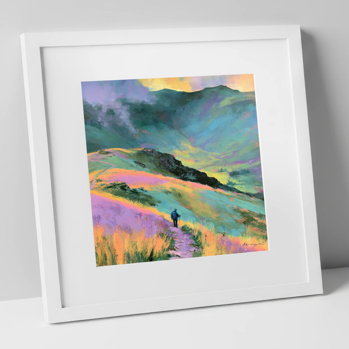 Lone Hiker on Pastel Fells lake district walking art print in white frame