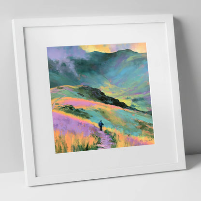 Lone Hiker on Pastel Fells lake district walking art print in white frame