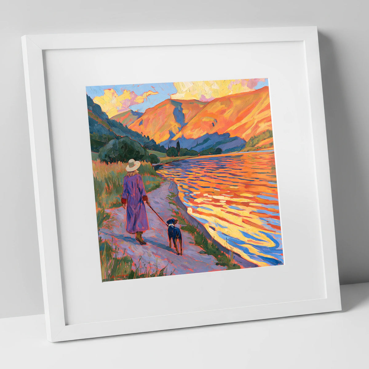 Colourful Dog Walk at Ullswater gifts for dog walkers art print in white frame