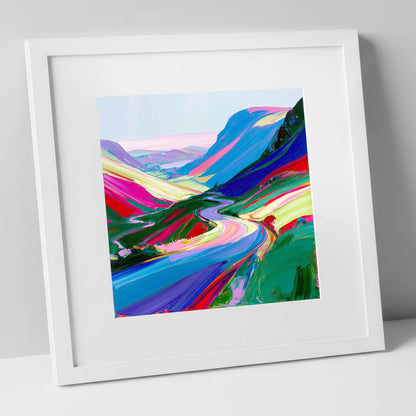 Vivid Sweeping Mountain Pass lake district valley art print in white frame