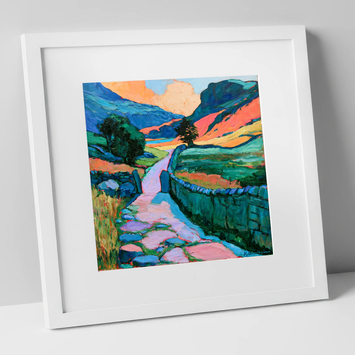 Vibrant Valley Path and Drystone Wall lake district valley art print in white frame