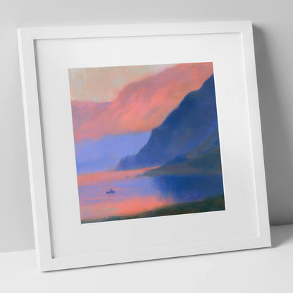 Indigo Fells at Pink Twilight lake district lake art print in white frame