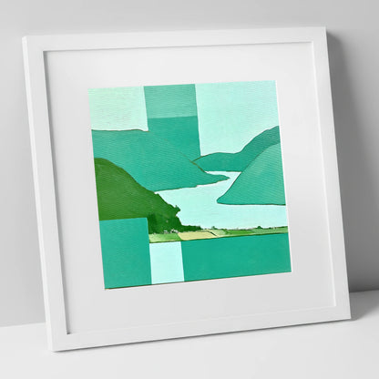 Abstract Glenridding and Ullswater lake district village art print in white frame
