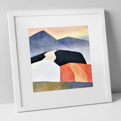 Fell Summit in Terracotta and Indigo lake district fell art print in white frame