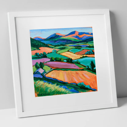 Vibrant Patchwork Fields in a Dale lake district valley art print in white frame