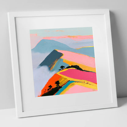 Vivid Misty Fell Ridge lake district fell art print in white frame