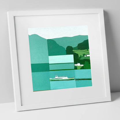 Geometric Ullswater Steamer at Glenridding lake district village art print in white frame