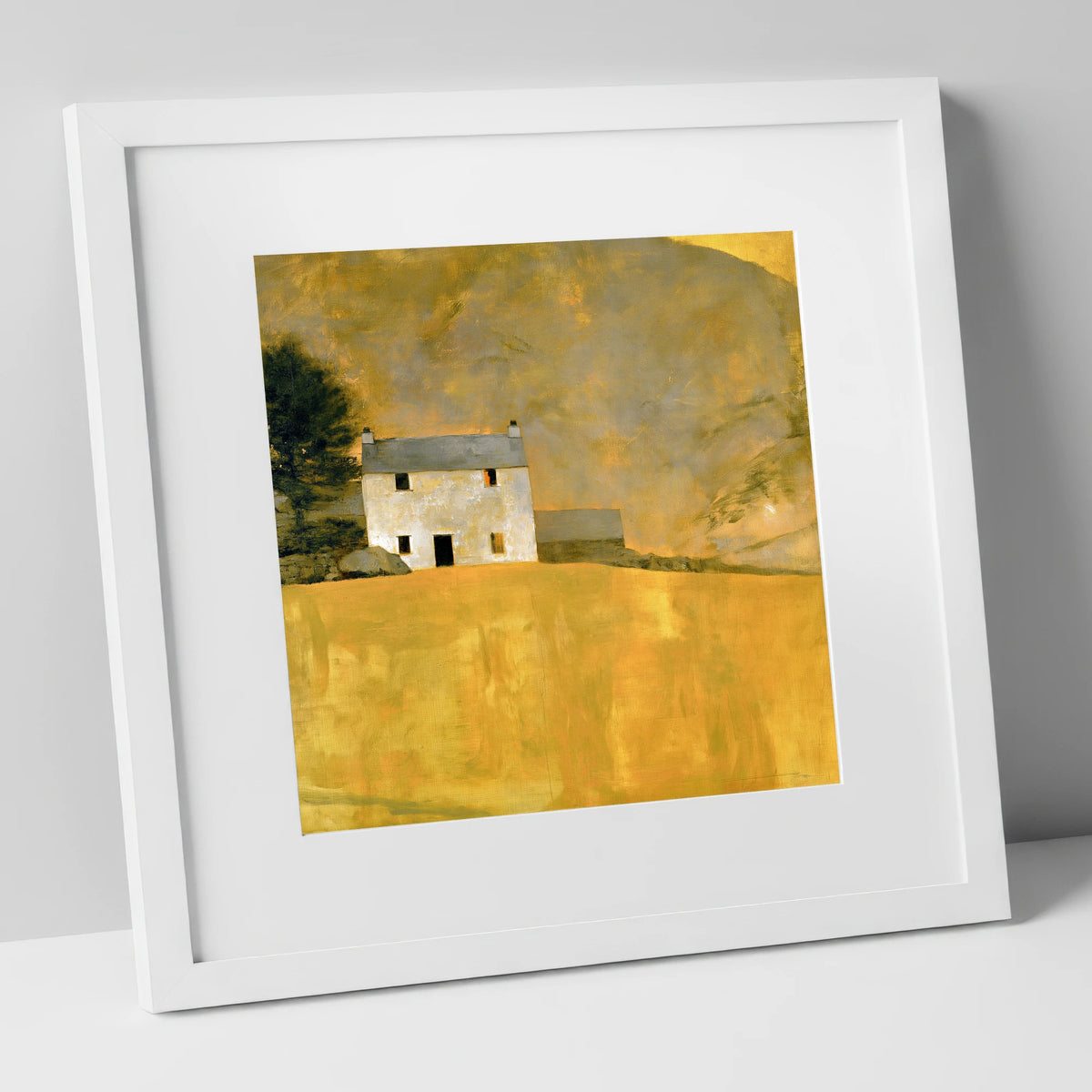 Stone Cottage in Golden Ochre lake district village art print in white frame