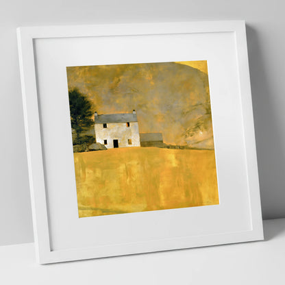 Stone Cottage in Golden Ochre lake district village art print in white frame