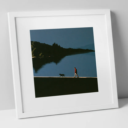 Coniston Water Dog Walk Silhouette gifts for dog walkers art print in white frame