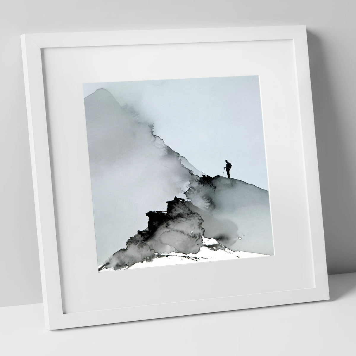 Striding Edge Walker Silhouette lake district walking art print in white frame