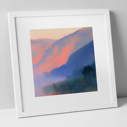 Pink Dawn Over Valley Mist lake district sky art print in white frame