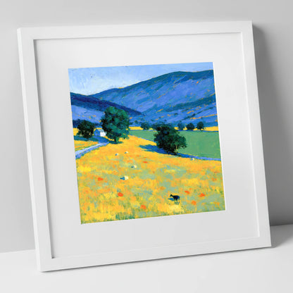 Golden Evening Fells and Pastures lake district sky art print in white frame