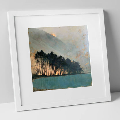 Silhouetted Pines at Buttermere lake district lake art print in white frame