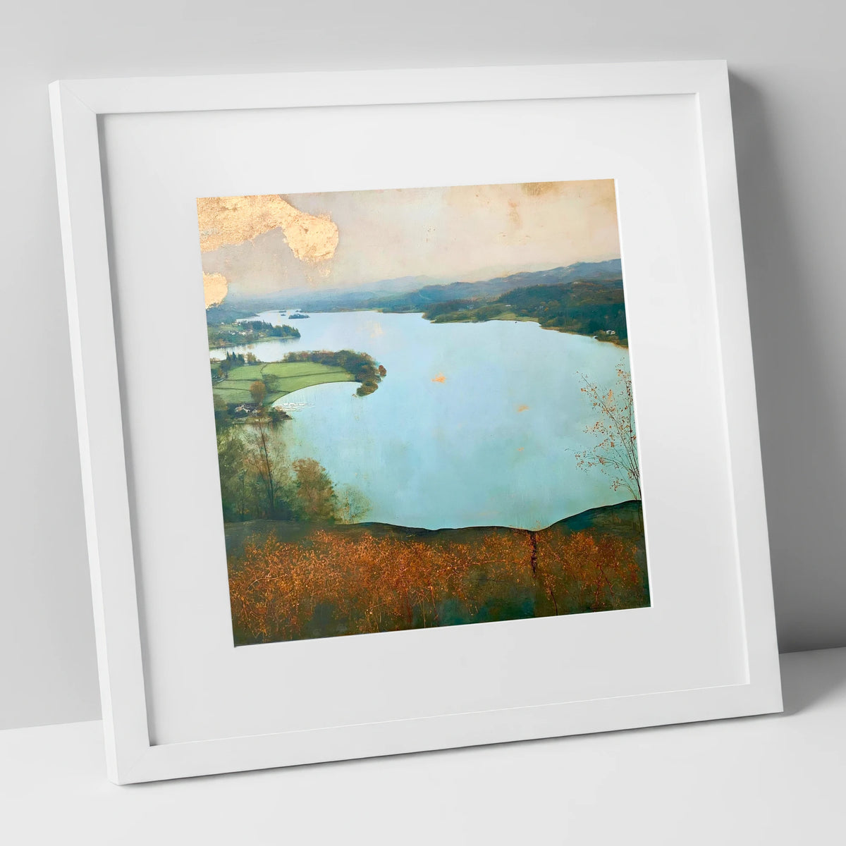 Windermere Over Autumn Bracken lake district lake art print in white frame