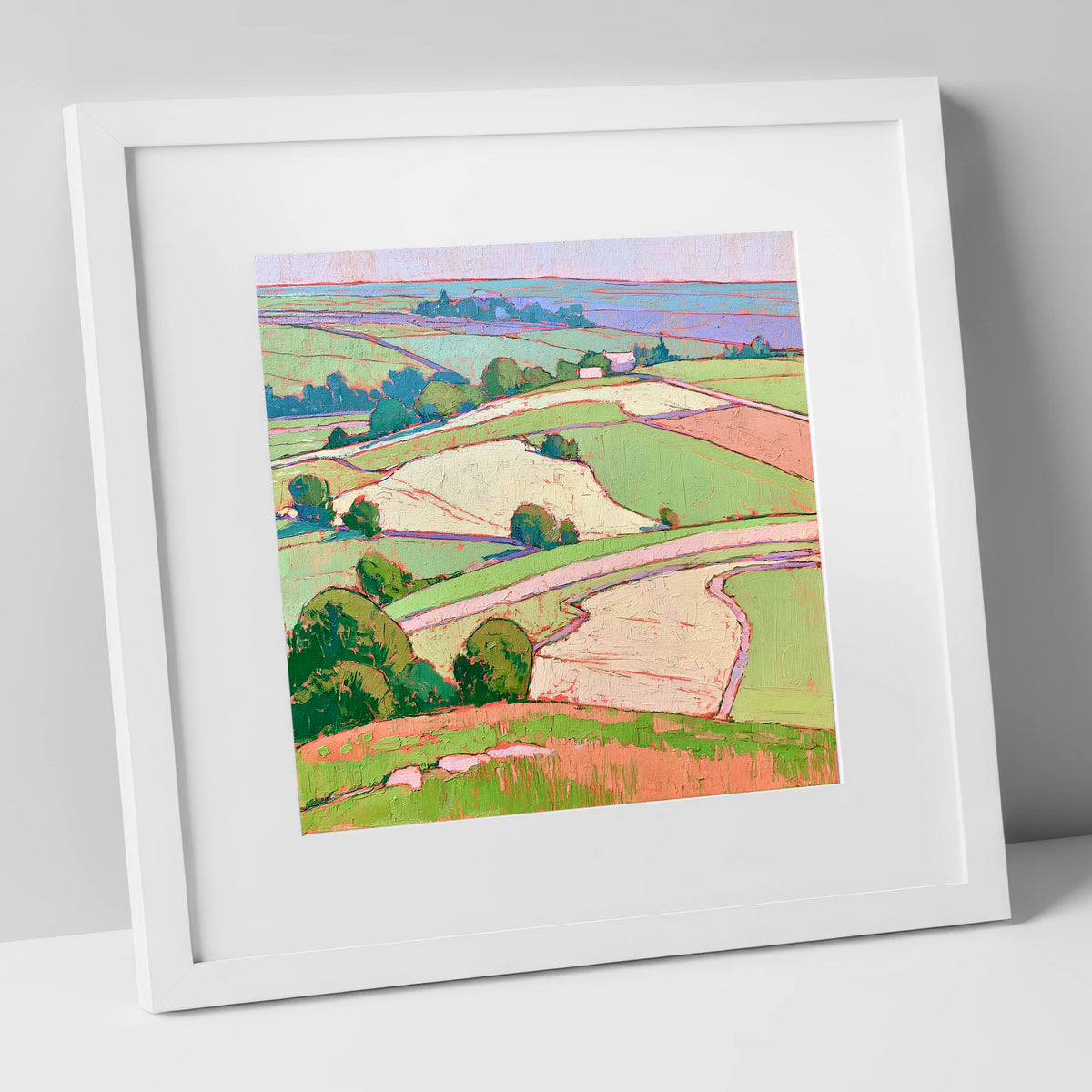 Pastel Fields in a Lakeland Dale lake district valley art print in white frame