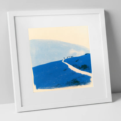 Walkers on a Blue Mountain Path lake district walking art print in white frame