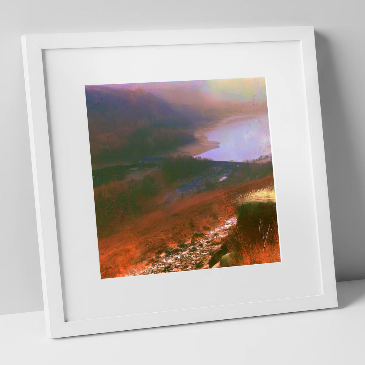 Descending Helvellyn Path to Thirlmere lake district lake art print in white frame