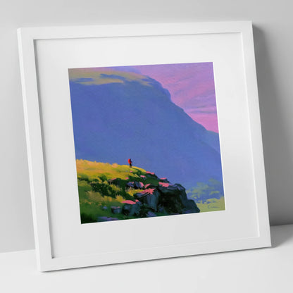 Fell Walker Under Lilac Sky lake district walking art print in white frame