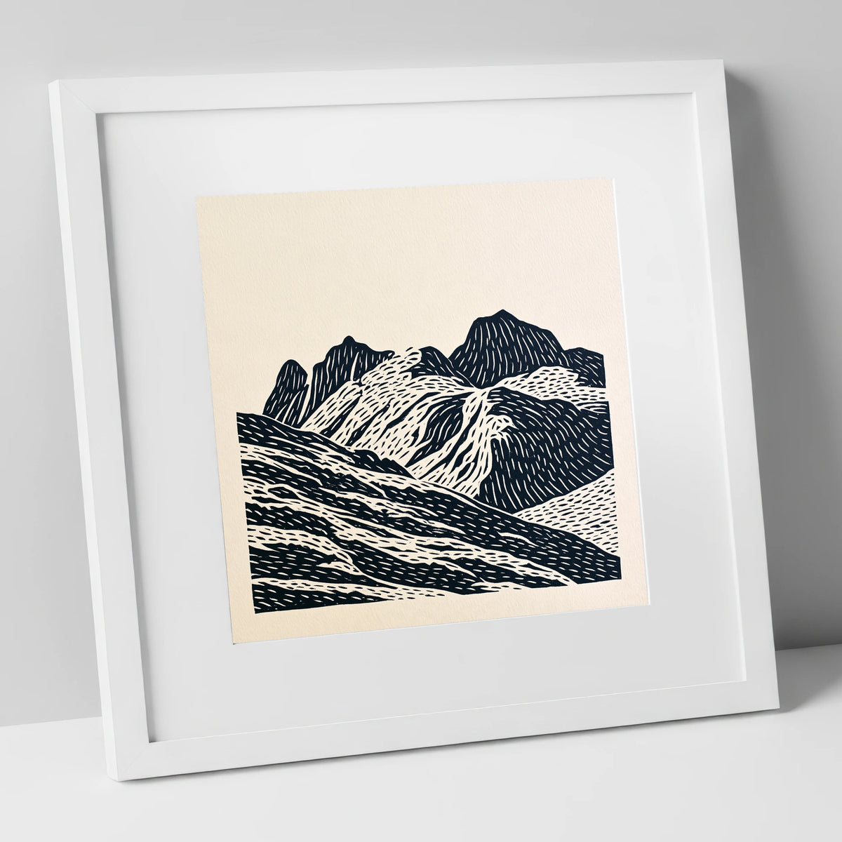 Bold Langdale Pikes Silhouette lake district fell art print in white frame