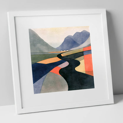 Winding River in Bold Colours lake district waterfall art print in white frame