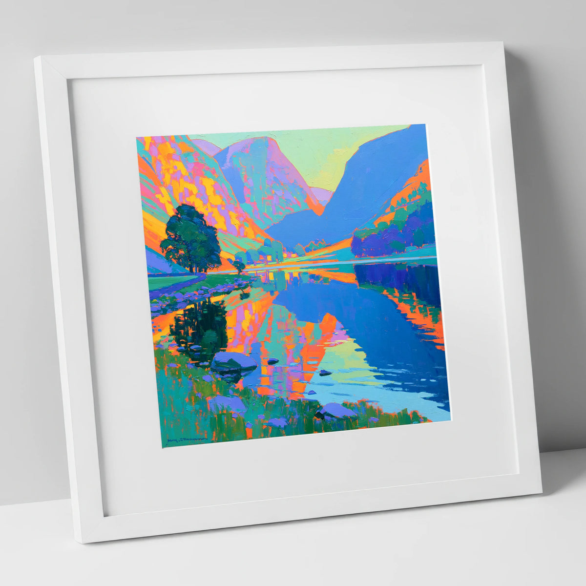 Vibrant Still Lake at Dawn lake district lake art print in white frame