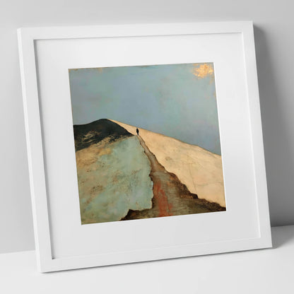 Silhouetted Walker on Striding Edge lake district walking art print in white frame