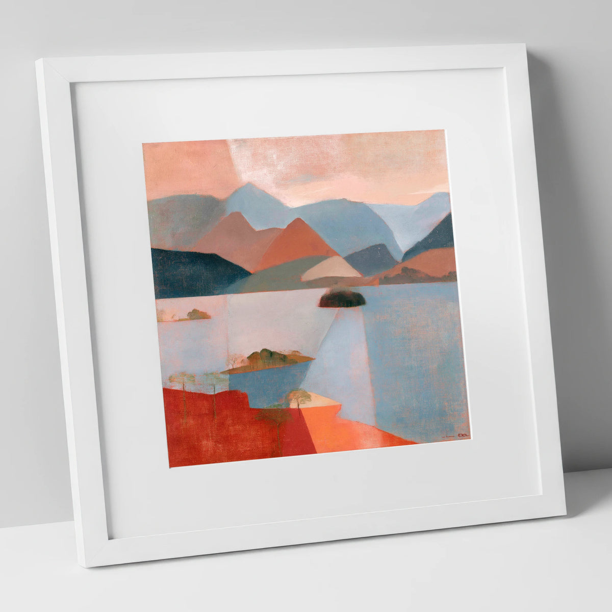Catbells and Derwentwater in Terracotta lake district lake art print in white frame
