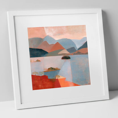 Catbells and Derwentwater in Terracotta lake district lake art print in white frame