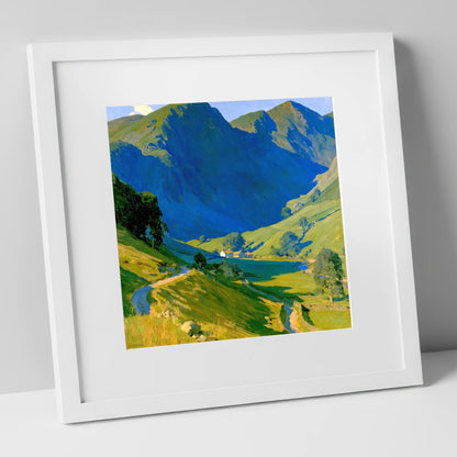Valley Farm Beneath Blue Fells lake district valley art print in white frame
