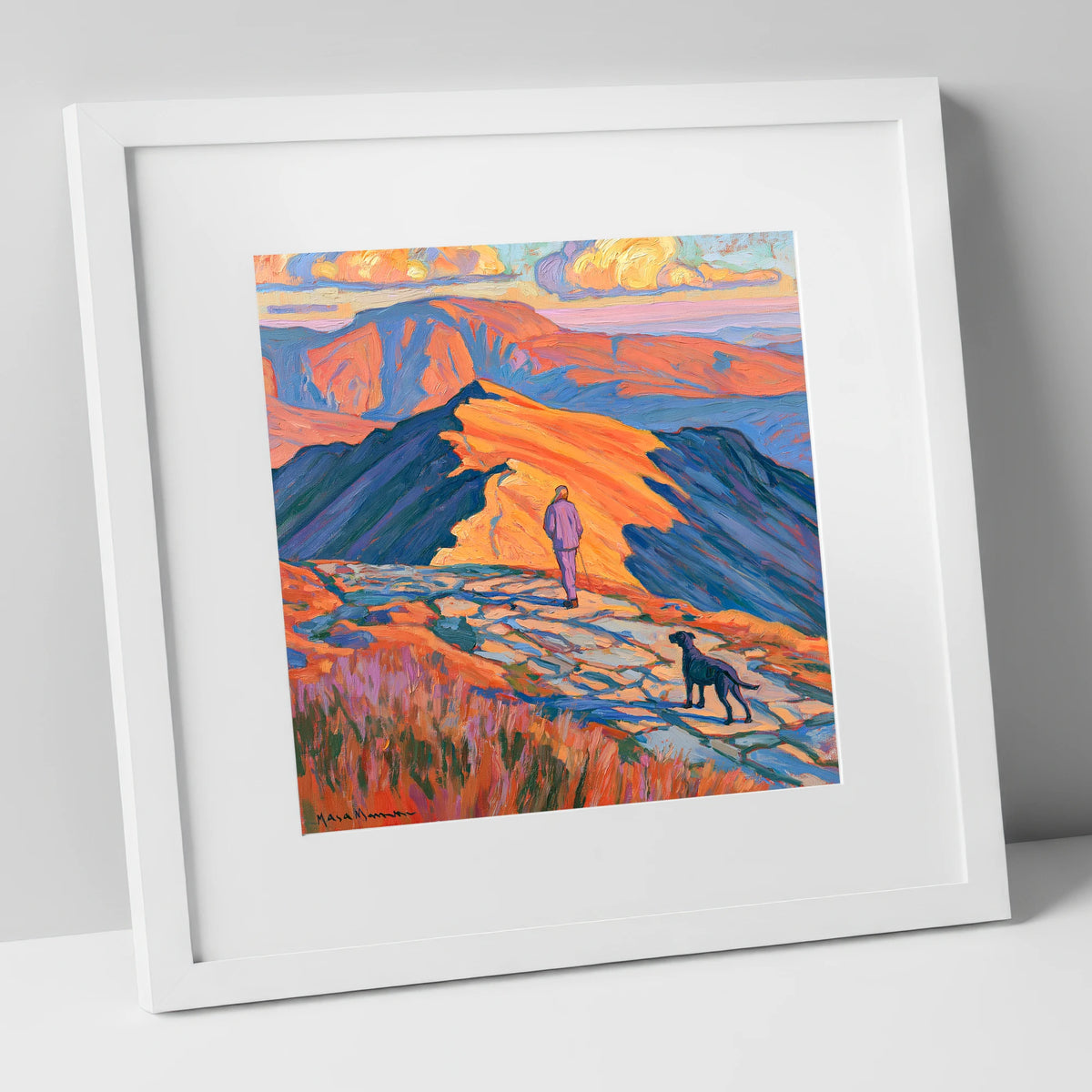 Radiant Helvellyn Dog Walk gifts for dog walkers art print in white frame