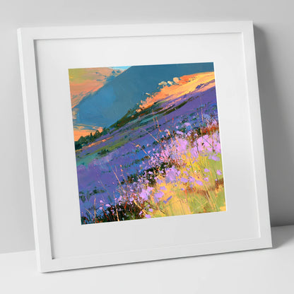Radiant Heather Fellside at Sunset flowers & fellsides art print in white frame