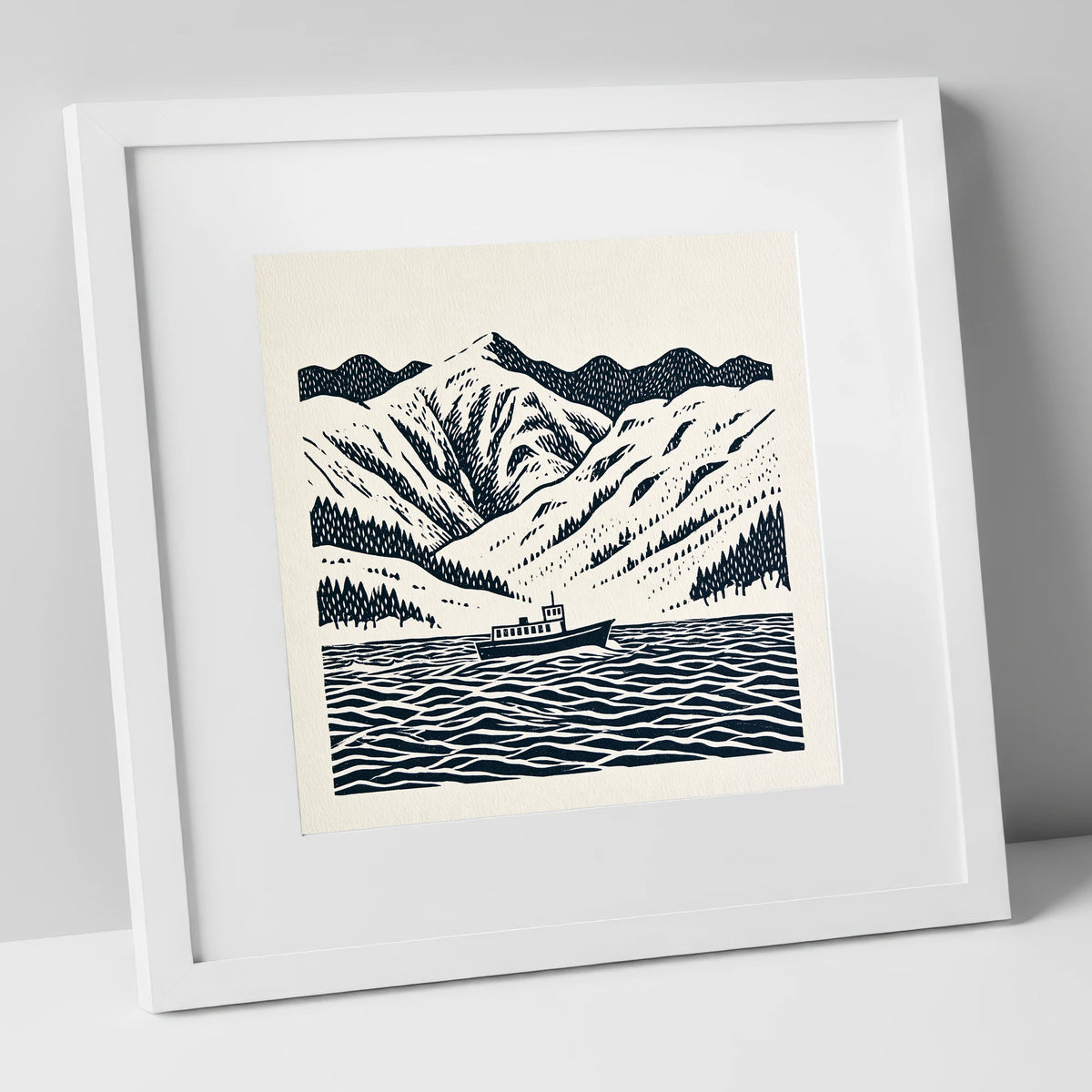 Ullswater Steamer in Deep Navy lake district lake art print in white frame
