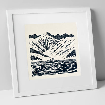 Ullswater Steamer in Deep Navy lake district lake art print in white frame