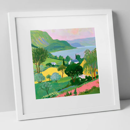 Vibrant Summer Lake and Fells lake district lake art print in white frame